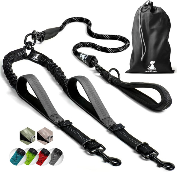 Sparklypets Double Dog Leash For 2 Dogs – Rope Bungee Dual Leash For Medium And Large Dogs With Padded Handles & Tangle (Black, Medium/Large)