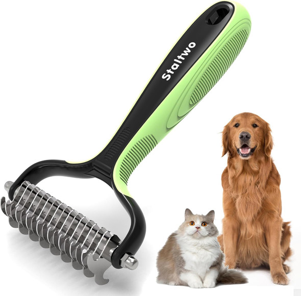Pet Grooming Supplies - 2-In-1 Professional Undercoat Rake And Pet Brush Shedding Control For Long Haired Dogs And Cats, Deshedding Tool, Furminator For Dogs, Green