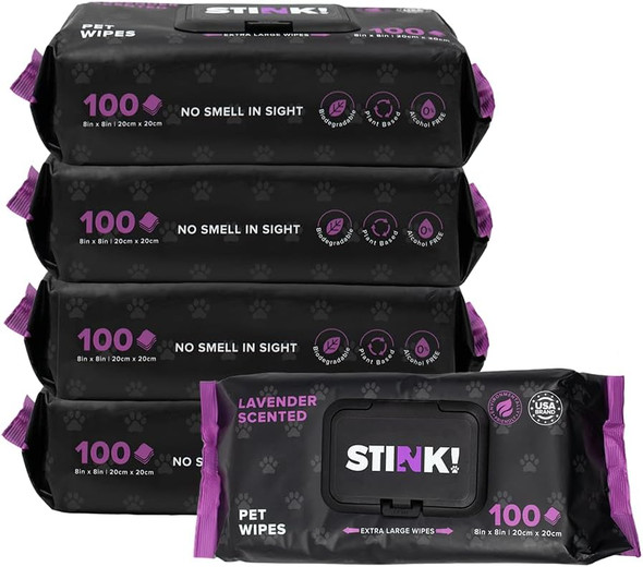 Stink Plant Based Pet Wipes - Biodegradable - Dirt And Odor Control - Grooming Wipes For Easy Cleaning On Paws Body And Bum - Lavender Scented - 8 X 8 - 400 Count