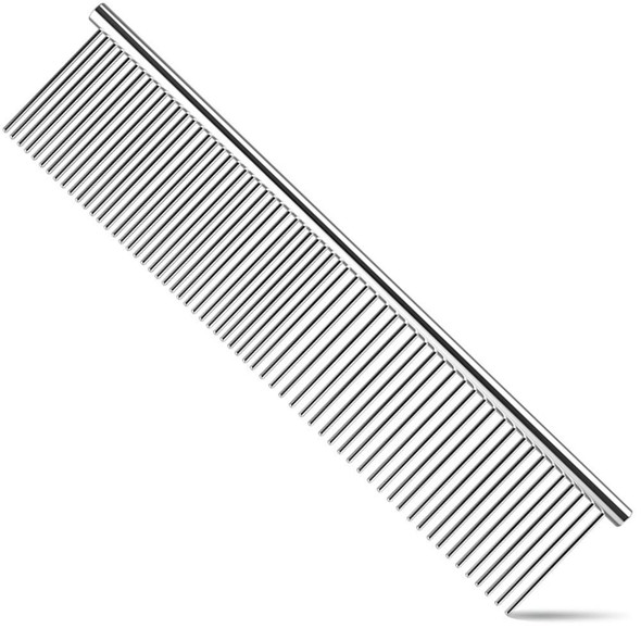 Stainless Steel Pet Dog & Cat Shedding Comb And Grooming Comb With Different Spaced Rounded Teeth,Wide Trimmer Comb. Silver