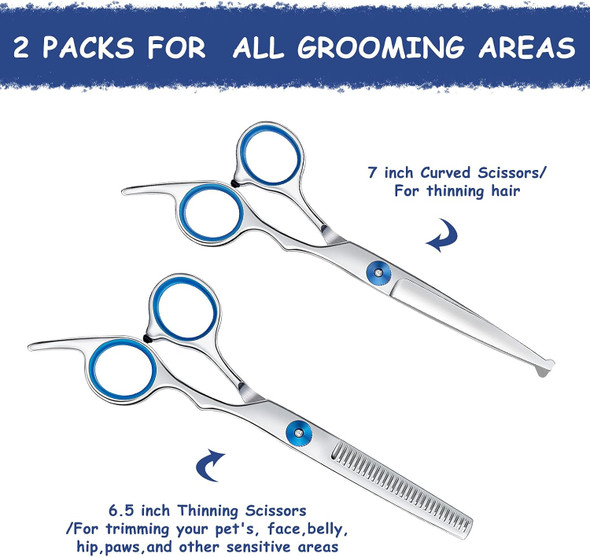 Dog Grooming Scissors Set Of 2-7 Inch Heavy Duty Titanium Stainless Steel Pet Grooming Scissors Thinning Shears For Dogs And Cats, Safety Round Tips