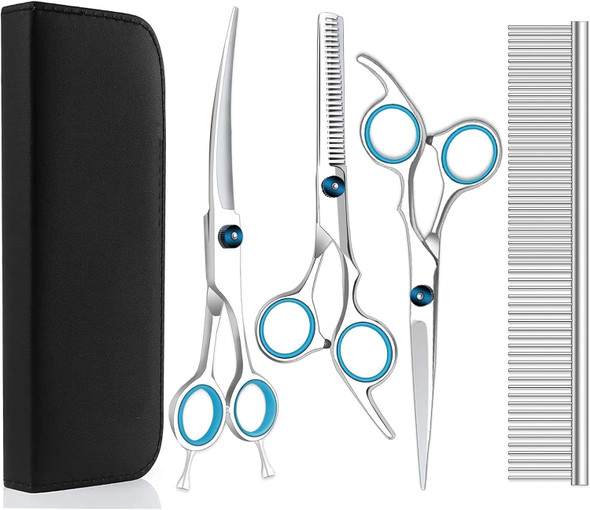 Professional Dog Grooming Scissors Set With Safety Round Tip 4Cr Stainless Steel Pet Grooming Shears For Cats & Dogs (Blue)