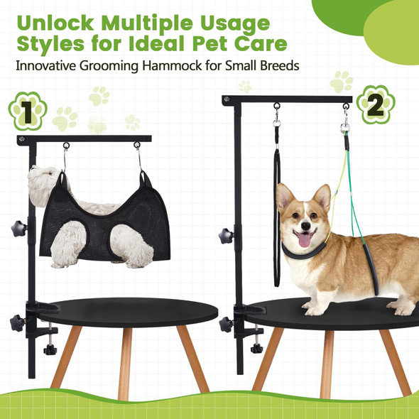 Dog Grooming Table Arm With Hammock - 35 Height Adjustable Dog Grooming Arm With Clamp, Hammock, And No-Sit Haunch Holders - Ideal For Small & Medium Pets