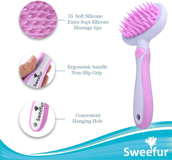 Pet Massage Brush, Soft Silicone Shower Brush For Massage Dogs And Cats- Comfortable Handle Bath Brush For Shedding- Gentle Massage Pet Comb- Pink