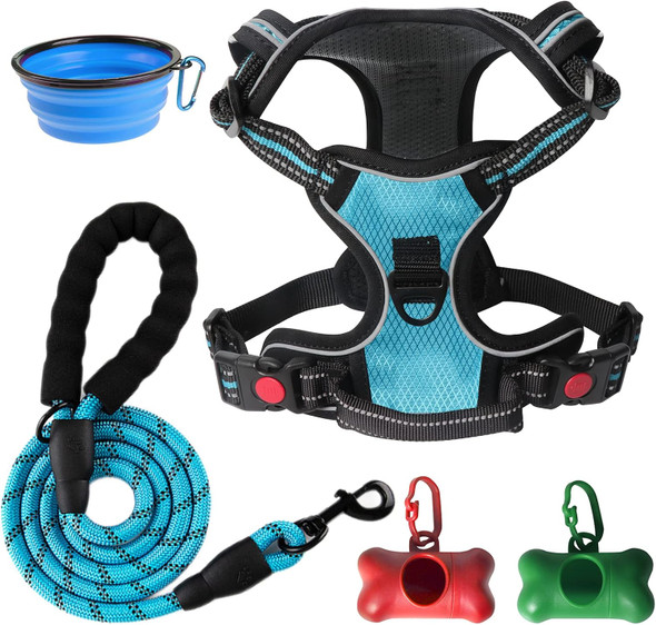 Syeenify No Pull Dog Harness, Adjustable Soft Padded Dog Vest, Medium Large Dog Harness With 5Ft Dog Leash,Reflective No-Choke Pet Oxford Vest With Easy Control Handle Blue