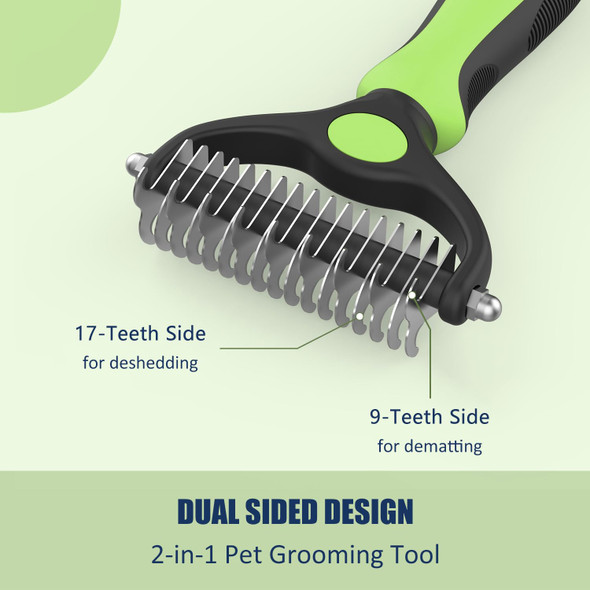 Pet Hair Removal Tool, Dematting And Deshedding Brush For Dogs And Cats, Double Sided Pet Grooming Brush Hair Shedding Comb (Green)