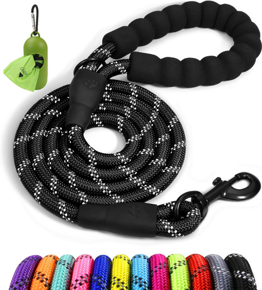 Taglory Rope Dog Leash 6 Ft With Comfortable Padded Handle, Highly Reflective Threads Dog Leash For Medium Large Dogs, 1/2 Inch, Black