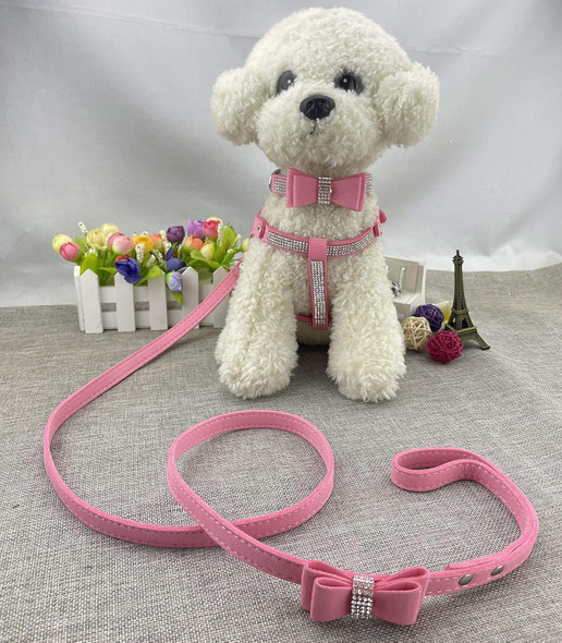 Bowtie Dog Collar & Harness & Lead Sets Comfortable Soft Puppy Collar Diamante With Harness And Leashes Set For Dog - Pink - Xs