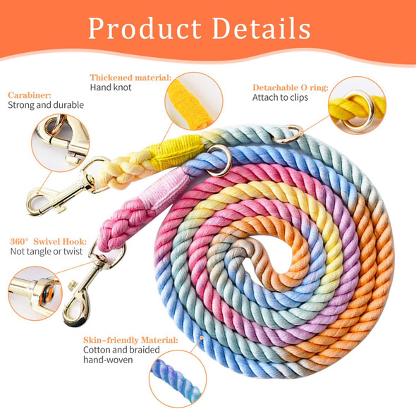 Multifunctional Rope Dog Leash 7.5 Ft With Adjustable Double Swivel Hook Hands For Small Medium And Large Dogs Running Hiking Camping Walking (Colorful Macaron)