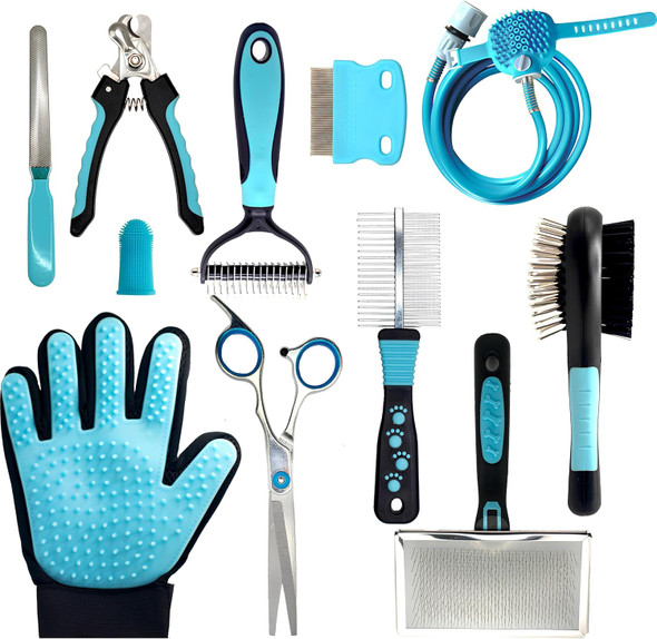 Groominish Dog Grooming Kit 11 Tools Pet Grooming Kit For Dogs At Home Grooming Scissors Dog Fur Remover Dog Shedding Dematting Dog Hair Flea Comb Wire Pin Brush Dog Grooming Supplies Cat Grooming Kit