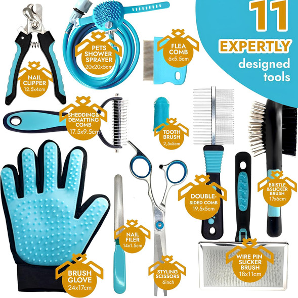 Groominish Dog Grooming Kit 11 Tools Pet Grooming Kit For Dogs At Home Grooming Scissors Dog Fur Remover Dog Shedding Dematting Dog Hair Flea Comb Wire Pin Brush Dog Grooming Supplies Cat Grooming Kit