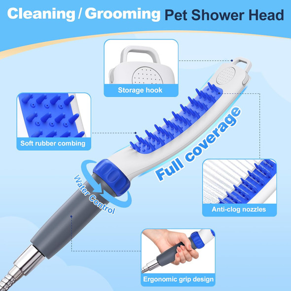 Dog Shower Attachment, Sprayer, Grooming And Scrubber In One For Washing, Deshedding, Massage, Indoor/Outdoor Pet Bath Brush, Dog Bath Supplies, Stainless Steel Shower Hose