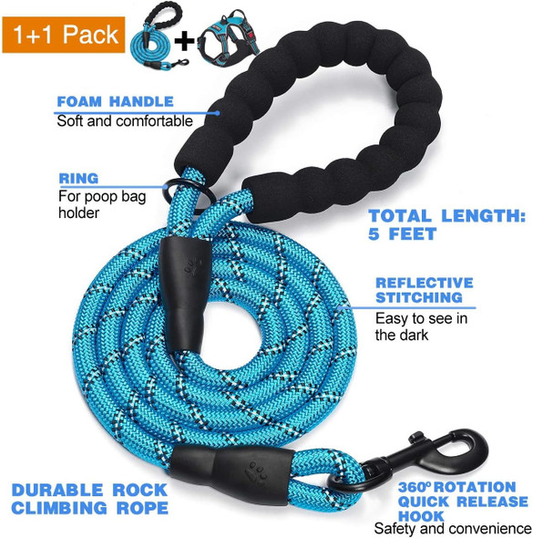 Tobedri No Pull Dog Harness Adjustable Reflective Oxford Easy Control Medium Large Dog Harness With A Heavy Duty 5Ft Dog Leash (L (Neck: 18-25.5, Chest: 24.5-33), Blue Harness+Leash)