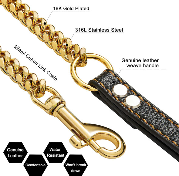 Chain Dog Leash Metal Chew Proof 12Mm 18K Gold Miami Cuban Link Chain With Leather Padded Handle For Large Medium Small Dogs (Total Length 3.5 Feets (For Medium Large Dog))