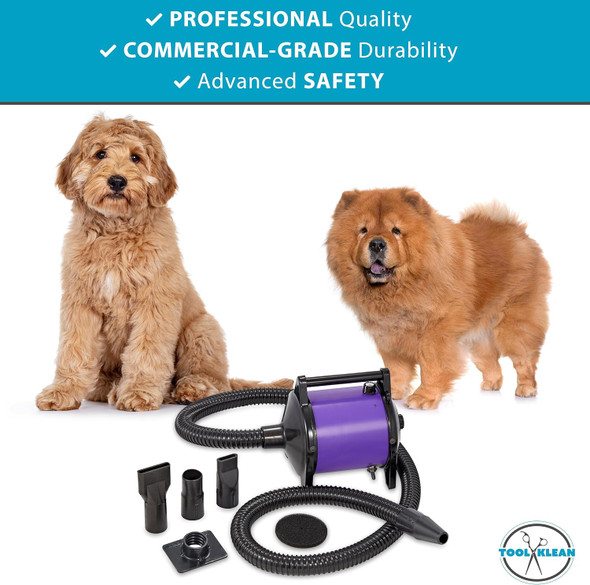 Gustyair Mini Dog Blow Dryer - Professional, Commercial Grade Force Dryer For Groomers - Quiet, High Velocity Air Dryer, Hose Attachments, Variable Speed, No Heating Element - Usa Company - Purple