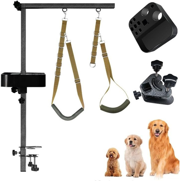 Dog Grooming Table Arm, 35 Height Adjustable Grooming Arm With Clip, Grooming Tool Storage Box And Loop Lariat, Foldable Dog Grooming Arm For Small To Medium Pets (Khaki)