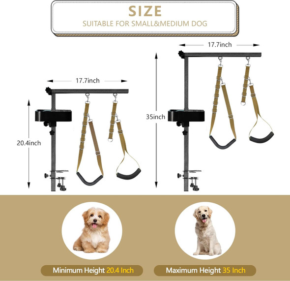 Dog Grooming Table Arm, 35 Height Adjustable Grooming Arm With Clip, Grooming Tool Storage Box And Loop Lariat, Foldable Dog Grooming Arm For Small To Medium Pets (Khaki)