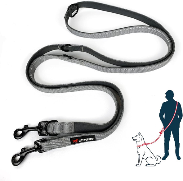 Tuff Pupper Heavy Duty Multi Function Crossbody Leash 6 Uses In One Cross Body Leash 8 Feet Hands Leash Two Dog Leash Ballistic Nylon & Thick Neoprene Padding Small Medium Large Dogs