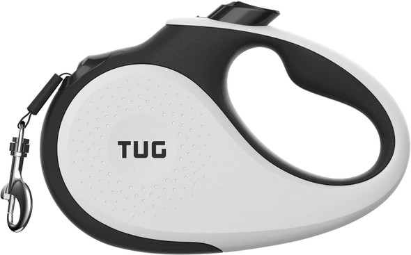 Tug 360° Tangle- Retractable Dog Leash 16 Ft Strong Nylon Tape One-Handed Brake, Pause, Lock (Medium, White)