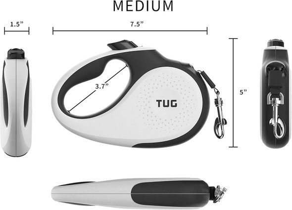 Tug 360° Tangle- Retractable Dog Leash 16 Ft Strong Nylon Tape One-Handed Brake, Pause, Lock (Medium, White)