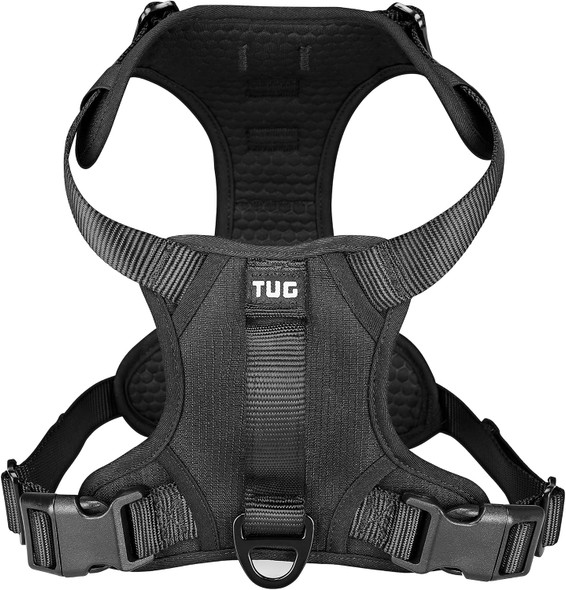 Tug Dog Harness With 2 Leash Connection Points Adjustable, Padded, Lightweight Harness Handle On Back No-Pull Front Clip (Medium, Black)
