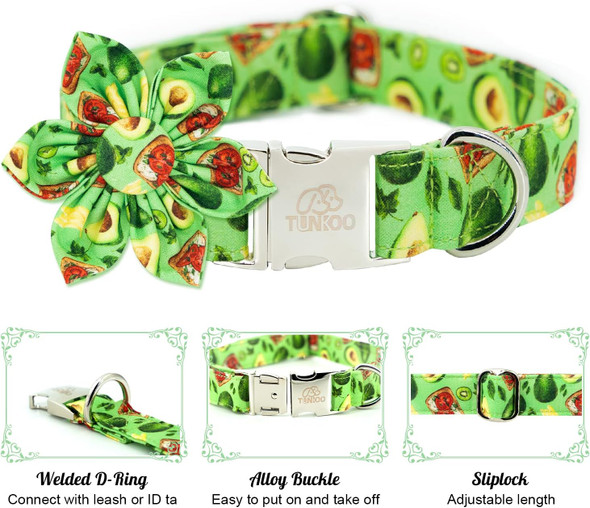 Dog Collar Avocado Floral Bow Tie Unique Style Super Soft Comfy Adjustable Cotton Collar With Premium Metal Buckle, For Puppy And Cat Small Medium Large Pet Supplies（Avocado，Flower, M）