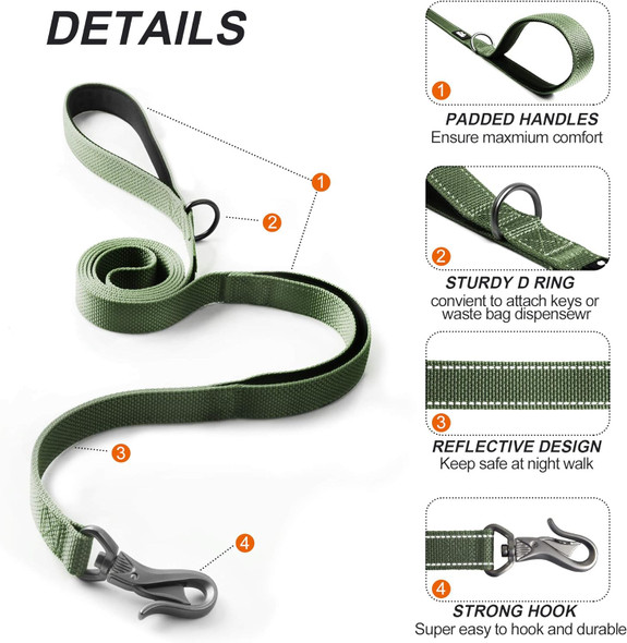 Twoear 6Ft 1In Strong Green Dog Leash With 2 Padded Handles, Traffic Handle Extra Control, Comfortable Soft Dual Handle, Auto Lock Hook, Reflective Walking Lead For Small Medium And Large Dogs