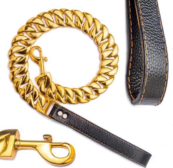 Big Chew Proof Dog Leash For Large Dogs, Txprodogchains 32Mm Thick Gold Chain Leash Heavy Duty Chain Dog Leash Stainless Steel Dog Leash Chain With Leather Padded Handle(Gold, 3Ft)
