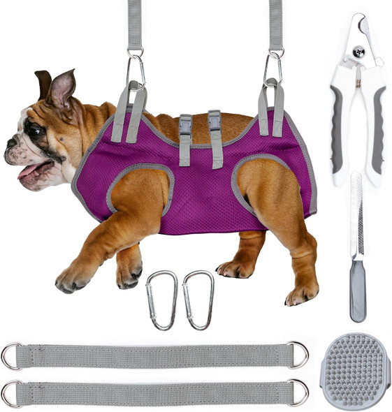 Dog Grooming Hammock - Pet Grooming Hammock With Nail Clippers For Dogs, Nail File, And Dog Bath Brush - Dog Hammock For Grooming With Strong Center Straps For Extra Security (M, Purple)