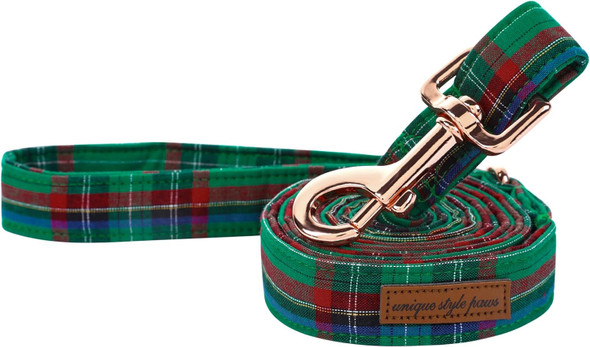 Unique Style Paws Durabel Dog Leash Matching Collar Christmas Green Plaid Soft And Comfy Handle For Dogs And Cats-M