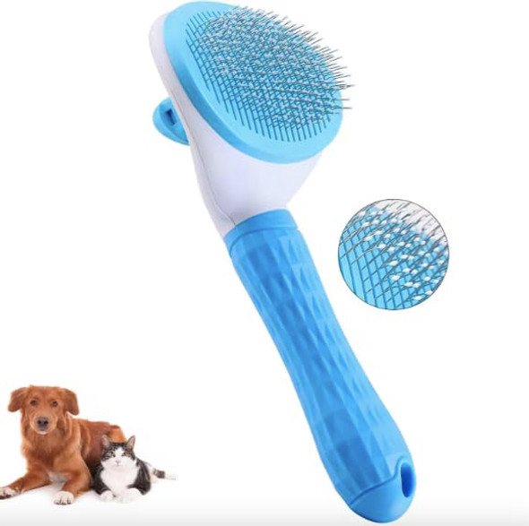 Pet Clean Hair Remover Button Stainless Steel Brushes Dogs Cat Slicker Self Cleaning Grooming Pet Comb Brush, Blue, Pink, Grey