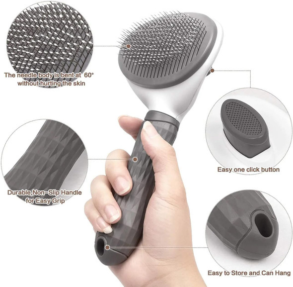 Pet Hair Brush For Small Dogs And Cats, Long Handle, Lightweight, Gray, Grey