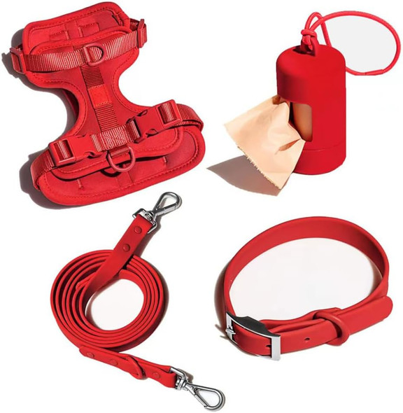 Dog Harness, Dog Collar And Leash Set With Dog Poop Bag Dispenser And Holder, Dog Training Vest Harness For Puppys, Medium And Large Dogs, Set For Dogs. Water-Resistant And Durable (Red, Large).
