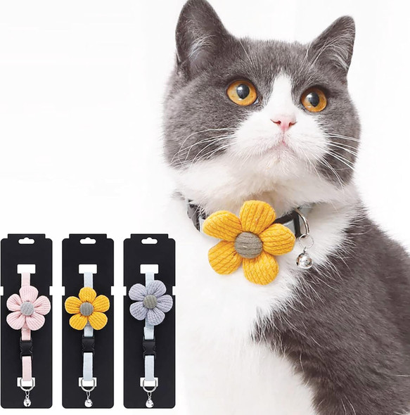 Nature Blossom 3 Pack Cat Collars With 3D Cute Pastel Sunflower And Bell Soft & Comfy Cotton Flower Adjustable Collar For Small-Medium Pets Cats Dogs Kitten And Puppies, Yellow,Grey,Pink