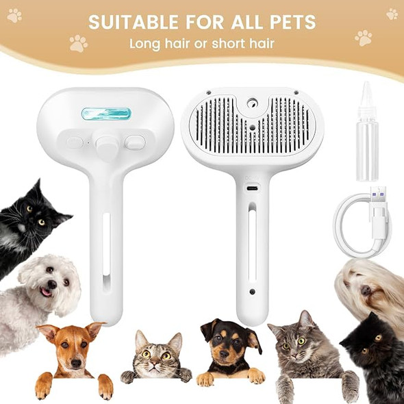 Cat Steam Brush,3 In 1 Pet Hair Removal Comb, Self-Cleaning Spray Cat Brush For Shedding,Steamy Pet Brush With Release Button And Tank - Suitable For Long And Short Hair Dogs And Cats, White