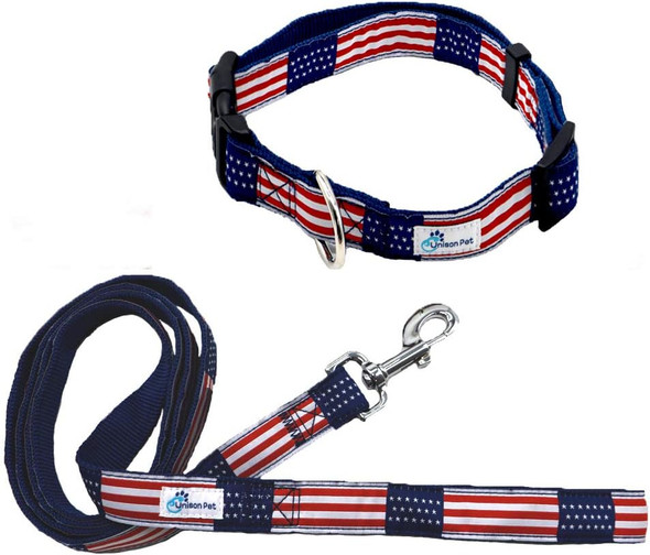 American Flag Plaid Dog Collar And Leash Set With Quick Release Buckle Comes In 4 Sizes - Soft, Comfortable, Adjustable Collar & Leash For Small Dogs Or Cats - (Size: Collar Small & Leash Medium)