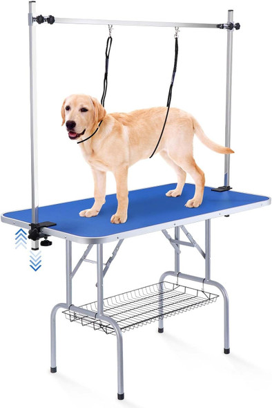 Dog/Pet Grooming Table Foldable Height Adjustable - 42-Inch Portable Dog Grooming Table With Arm Noose & Mesh Tray, Maximum Capacity Up To 300Lbs, Dark Blue