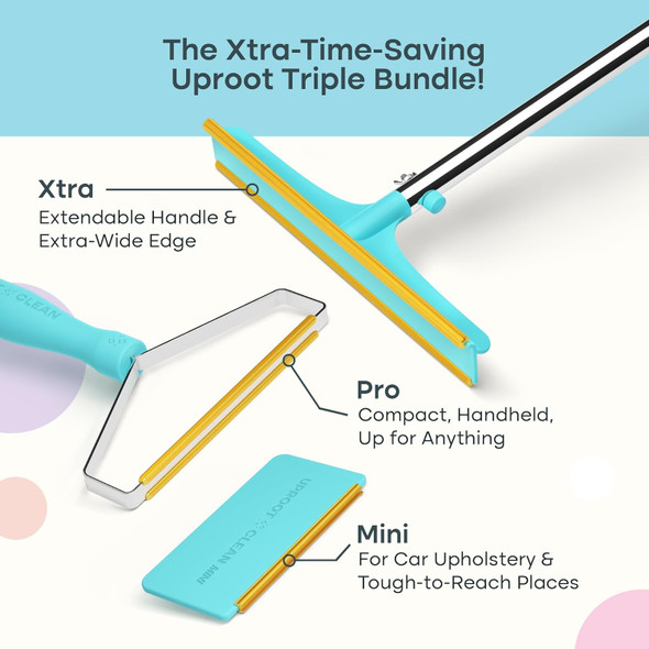 Uproot Clean Pro Pet Hair Remover Bundled With Mini Pet Hair Remover For Couch & Xtra Carpet Rake For Pet Hair Removal - Dog Hair Remover For Car - A True Fur-Riccane Survival Kit