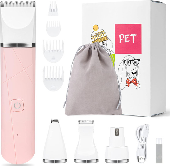 Utotebag Dog Grooming Clippers Kit, 4 In 1 Low Noise Pet Grooming Kit, Rechargeable Cordless Ipx7 Dog Hair Clippers Dog Paw Trimmer Nail Grinder Trimmer For Small To Medium Pets (Pink)