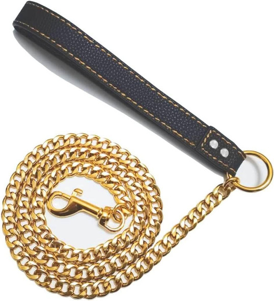 Gold Dog Chain Leash For Cuban Link Collar 0.47Inch(12Mm) Heavy Duty Metal Pet Leash Chain With Leather Padded Handle For Small Medium Large Dogs(3Ft, 4Ft, 5Ft)