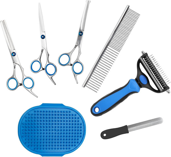 Pet Grooming,Dog Grooming Scissors Stainless Steel,Cat Grooming Brush For Shedding,Pet Nail File,Pet Bath Brush For Dogs,Cats And Other Animals 7 In 1Package