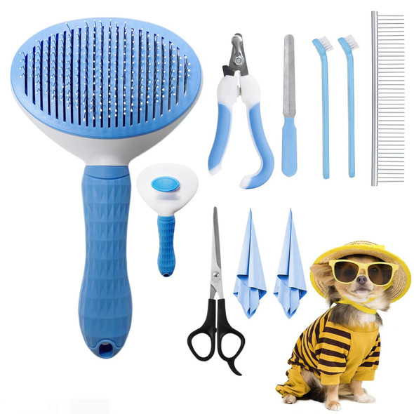 9-Piece Self-Cleaning Brush One-Touch Cleaning Feature - Pet Grooming Tool To Dog Trimmer For Effective Cat, Pet And Dog Hair Removal (Blue)