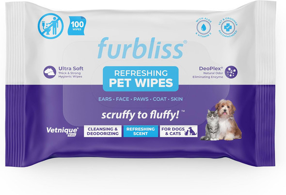 Vetnique Furbliss Refreshing Hygienic Grooming Pet Wipes 100Ct And Furbliss Dog Brush For Long Hair Pets (Green) Bundle Grooming Dog Brush And Wipes