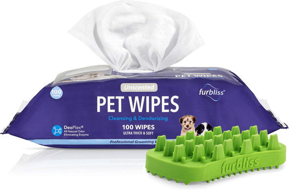 Vetnique Furbliss Unscented Hypoallergenic Wipes For Dogs (100Ct) And Furbliss Long Hair Dog Brush For Pets With Long Hair (Green)