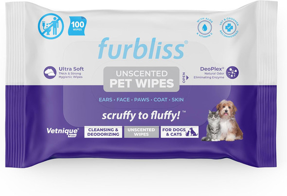 Vetnique Furbliss Unscented Hypoallergenic Wipes For Dogs (100Ct) And Furbliss Long Hair Dog Brush For Pets With Long Hair (Green)