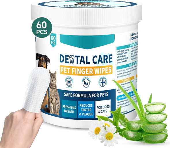 Pet Teeth Wipes For Dogs & Cats, Dog Tooth Cleaning Brushing Kit Dog Dental Wipes, 60Pcs Reduces Tartar & Plaque Fresh Breath Dog Teeth Cleaning Finger Toothbrush, Disposable Gentle Dog Teeth Wipes