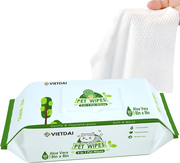 Vietdai Paw Wipes For Dogs 80 Dog Wipes For Cleaning Deodorizing Pet Grooming Bath Wipes With Aloe Vera And Vitamin E Hypoallergenic Cat Wipes For Eyes Ears Face Body Fur Butt Puppy Wipes