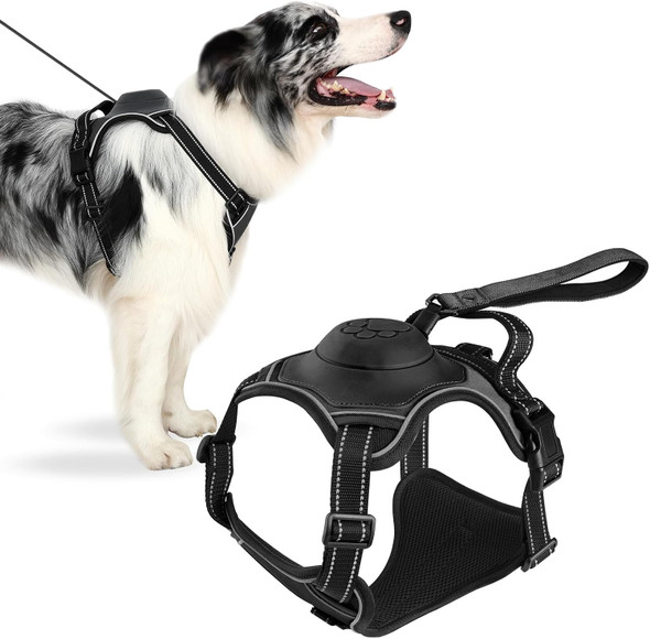 Dog Harness For Large Dogs No Pull With Leash, 2 In 1 Reflective No-Choke Pet Harness & Retractable Dog Leash, Adjustable Pet Harness With Breathable Vest For Medium Large Dogs (L-Black)