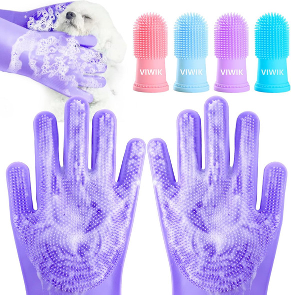 Dog Bath Gloves With 4Pack Dog Toothbrush, Dog Grooming Kit, Dog Finger Toothbrush For Small Breed, Medium Large Dogs, Silicone Dog Washing Gloves With High-Density Teeth, Purple