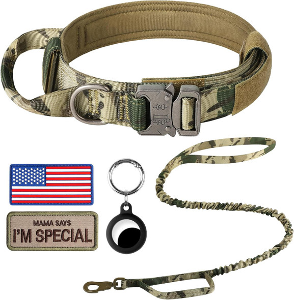 Tactical Dog Collar And Leash Set, Adjustable Military Training Nylon Dog Collar With Handle And Heavy Duty Metal Buckle For Medium And Large Dogs, With Airtags Case And 2 Patches(Xl, Camo-Set)